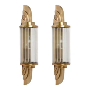 Pair of Skyscraper Vintage Art Deco Wall Sconces Fixture in Brass & Glass