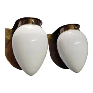Pair of Vintage Art Deco Wall Sconces Fixture Brass & Milk Glass Shade Lamp Ship Light