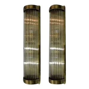 Vintage Art Deco Skyscraper Rod Ship Light Wall Sconces Fixture in Brass & Glass – a Pair