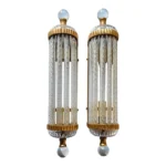 Pair Vintage Art Deco Wall Sconces Fixture in Brass & Ribbed Glass Rod Ship Light