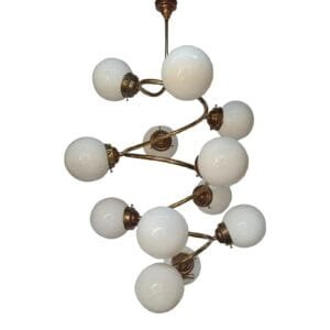 Vintage Art Deco Ceiling Brass Hanging Chandelier 12 Light Milk Glass Shade Lamp