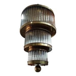 Vintage Art Deco Skyscraper Three Tier Round Rod Ship Chandelier in Brass & Glass