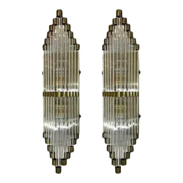 Pair Skyscraper Art Deco Lamp Wall Sconces Fixtures in Brass & Glass Rod Ship Light