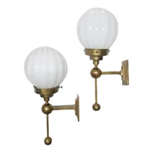Pair Vintage Art Deco Wall Sconces in Brass & Ribbed Milk Glass Shade Ship Light