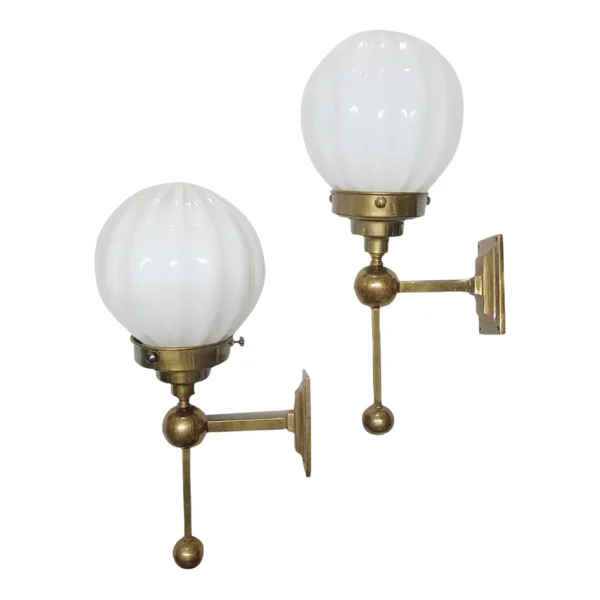 Pair Vintage Art Deco Wall Sconces in Brass & Ribbed Milk Glass Shade Ship Light