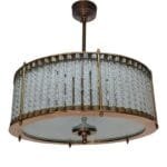 Vintage Art Deco Brass & Lamp; Ribbed Glass Rod Ceiling Fixture Light