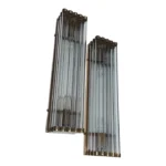 Pair Vintage Art Deco Skyscraper Wall Sconces in Brass & Glass Rod Ship Light