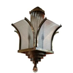 Vintage Art Deco Skyscraper Rod Ship Chandelier Fixture in Brass & Glass