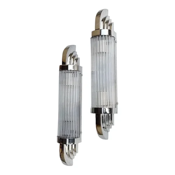 Skyscraper Art Deco Nickel Brass & Glass Wall Sconces – a Pair
