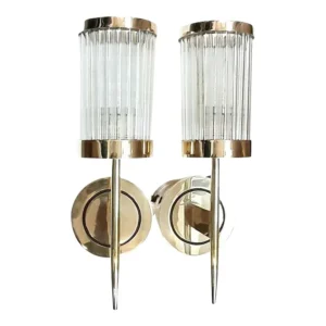 Vintage Art Deco Rod Ship Wall Sconces Fixture in Brass & Glass – a Pair