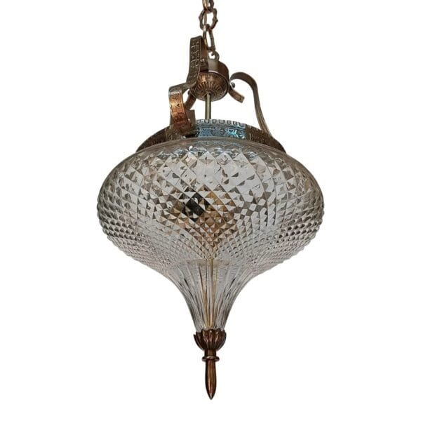 Vintage Art Nouveau Ceiling Fixture in Brass & Crystal Cut Glass