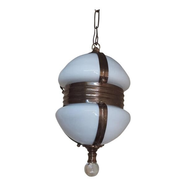 Vintage Art Deco Brass Hanging Light with Milk Glass Shade