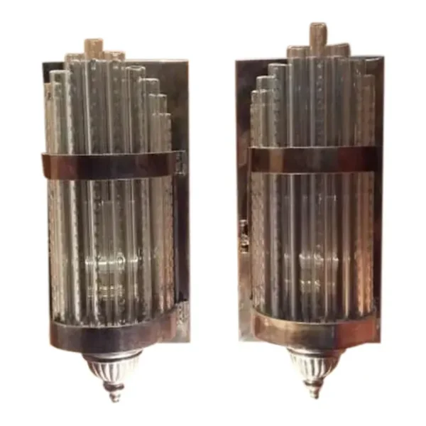 Vintage Art Deco Skyscraper Rod Ship Wall Sconces Fixture in Brass & Glass – a Pair