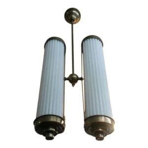 Vintage Art Deco Skyscraper Hanging Chandelier Fixture in Brass & Milk Glass