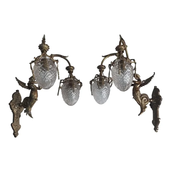 Vintage Art Nouveau Deco Mermaid Wall Sconces in Brass & Glass – a Pair