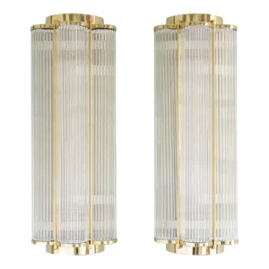 Pair Vintage Skyscraper Art Deco Wall Sconces Fixture Brass & Glass Rod Ship Light