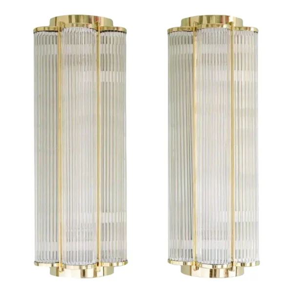Pair Vintage Skyscraper Art Deco Wall Sconces Fixture Brass & Glass Rod Ship Light