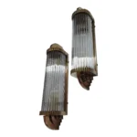 Pair Skyscraper Vintage 1940s Art Deco Wall Sconces in Brass & Glass Rod Ship Light