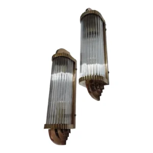Pair Skyscraper Vintage 1940s Art Deco Wall Sconces in Brass & Glass Rod Ship Light