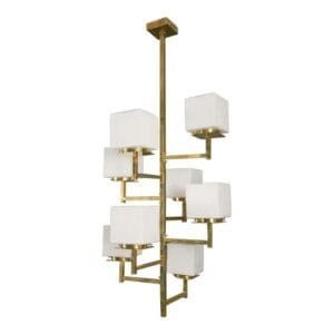 Vintage Art Deco Brass Chandelier 8 Light Cubic Shape Milk Glass Shades