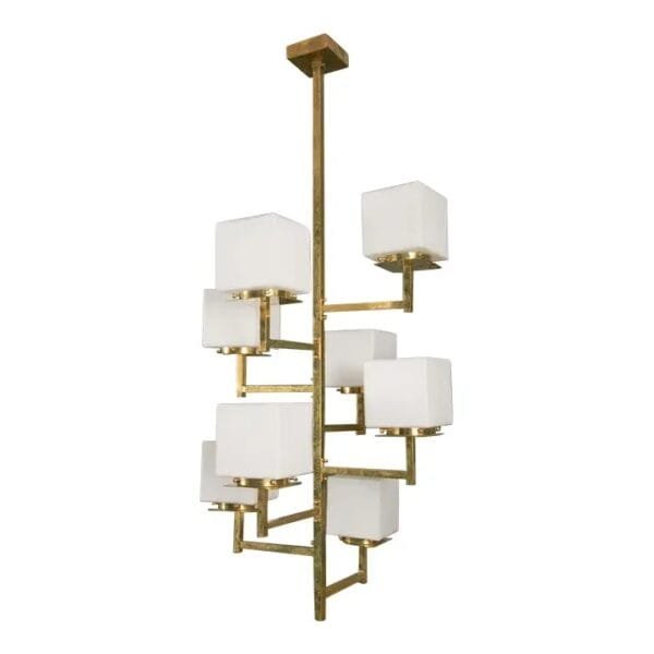 Vintage Art Deco Brass Chandelier 8 Light Cubic Shape Milk Glass Shades