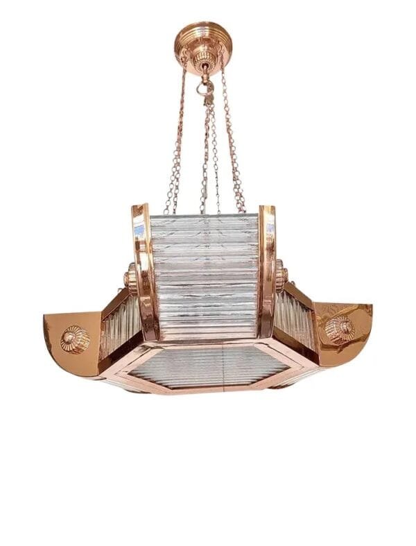 Vintage Art Deco Skyscraper Rod Ship Chandelier in Copper & Glass