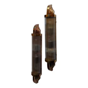 Pair Vintage Art Deco Skyscraper Wall Sconces Fixture in Brass & Glass Rod Ship Light