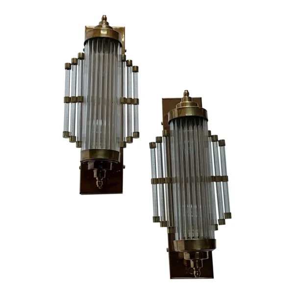 Pair Skyscraper Vintage Art Deco Wall Sconces Fixture Brass & Glass Rod Ship Light