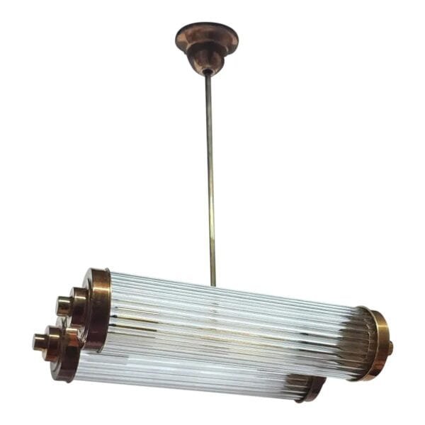 Vintage Art Deco Hanging Chandelier in Brass & Glass Rod Ship Light