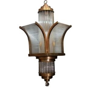 Vintage Large Size Skyscraper Art Deco Hanging Chandelier Fixture in Brass & Glass Rod Ship 8 Light