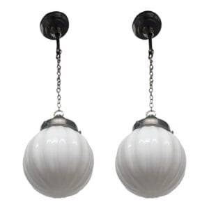 Pair of Vintage Art Deco Brass Hanging Pendant Light Ribbed Milk Glass Shade Lamp