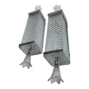 Pair Vintage Art Deco Skyscraper Wall Sconces Fixture in Nickel Brass & Diamond Cut Glass