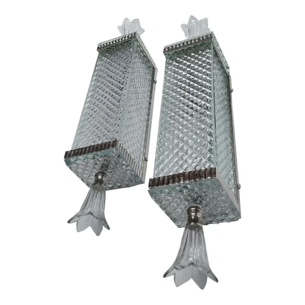 Pair Vintage Art Deco Skyscraper Wall Sconces Fixture in Nickel Brass & Diamond Cut Glass