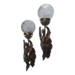 Pair Vintage Art Nouveau Deco Lion Mermaid Wall Sconces in Brass & Globe Glass