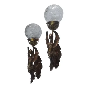 Pair Vintage Art Nouveau Deco Lion Mermaid Wall Sconces in Brass & Globe Glass