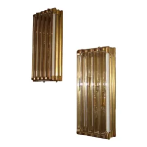 Pair Vintage Art Deco Skyscraper Wall Sconces Fixture in Brass & Glass Rod Ship Light