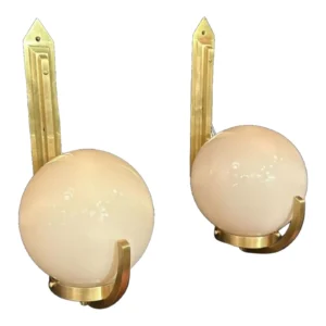 Pair Vintage Art Deco Wall Sconces in Brass & Milk Glass Shade Ship Light
