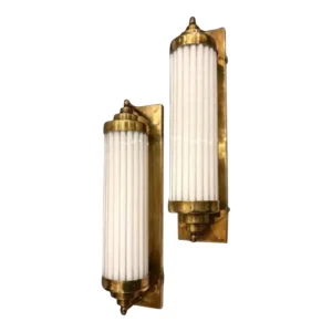 Vintage Skyscraper Art Deco Brass & Milk Glass Rod Ship Light Fixture Wall Sconces – a Pair