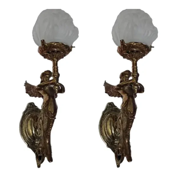 Vintage Art Nouveau Deco Mermaid Wall Sconces in Brass & Glass – a Pair