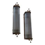 Pair Vintage Art Deco Wall Sconces Fixture in Brass & Glass Rod Ship Light
