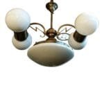 Vintage Art Deco Brass Chandelier in Milk Glass Shade Lamp