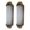 Pair Vintage Art Deco Skyscraper Wall Sconces Fixture Brass & Frosted Ribbed Glass Rod Ship Light