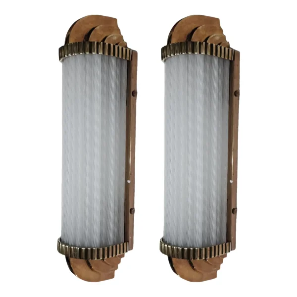 Pair Vintage Art Deco Skyscraper Wall Sconces Fixture Brass Lamp; Frosted Ribbed Glass Rod Ship Light
