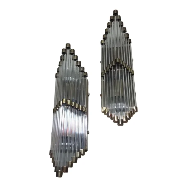 Pair Vintage Skyscraper Art Deco Wall Sconces Fixture in Brass Lamp; Glass Rod Ship Light