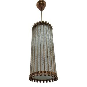 Vintage Art Deco Skyscraper Rod Ship Light Hanging Pendant Fixture in Brass & Ribbed Glass