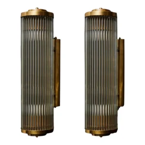 Vintage Art Deco Skyscraper Rod Ship Light Wall Sconces Fixture in Brass & Glass – a Pair