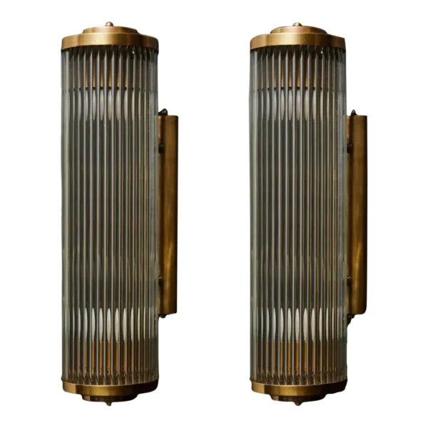 Vintage Art Deco Skyscraper Rod Ship Light Wall Sconces Fixture in Brass & Glass – a Pair