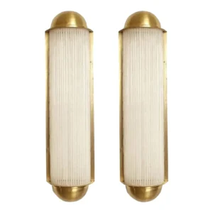 Pair Skyscraper Vintage Art Deco Wall Sconces Fixture Brass Lamp; Frosted Glass Rod Ship Light