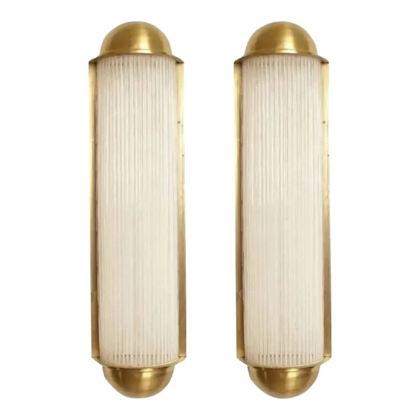 Pair Skyscraper Vintage Art Deco Wall Sconces in Brass Lamp; Frosted Glass Rods