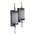 Pair Vintage Skyscraper Art Deco Wall Sconces in Brass & Milk Glass Rod Ship Light